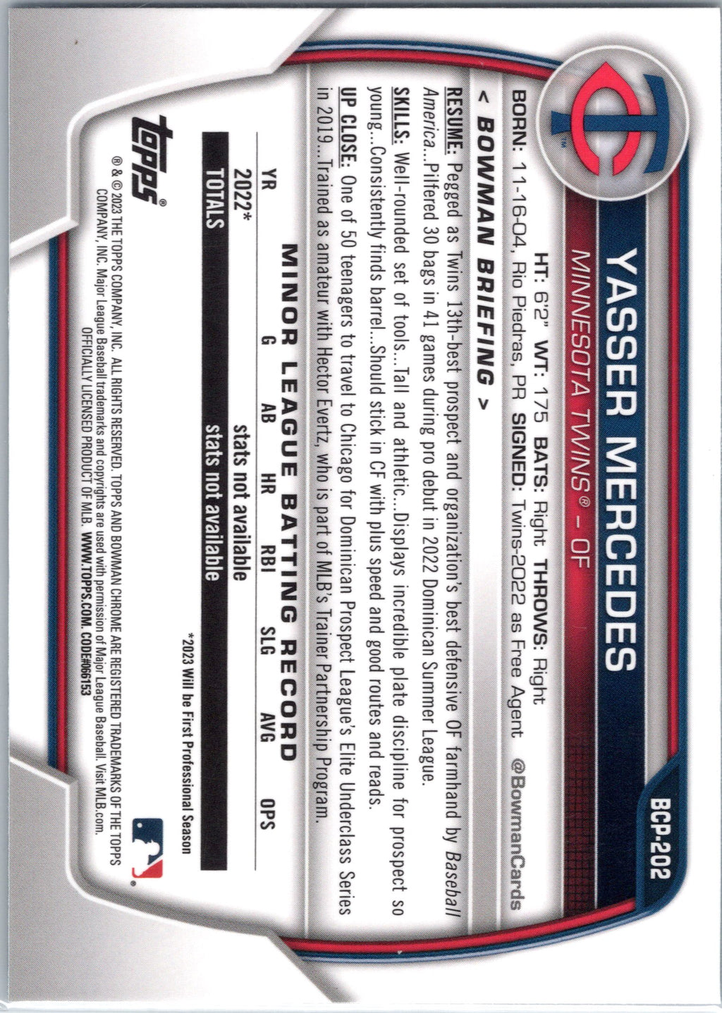 2023 Bowman Chrome Sapphire Edition #BCP-202 Yasser Mercedes Prospects