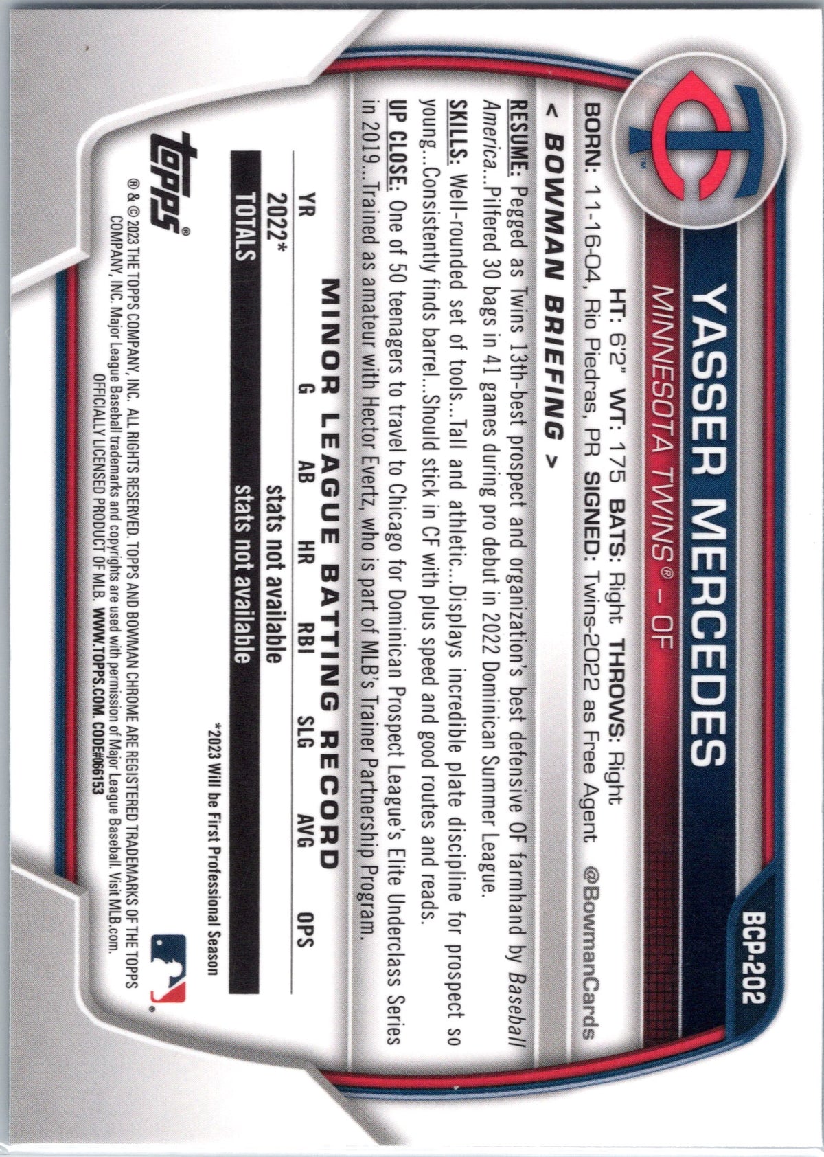 2023 Bowman Chrome Sapphire Edition #BCP-202 Yasser Mercedes Prospects