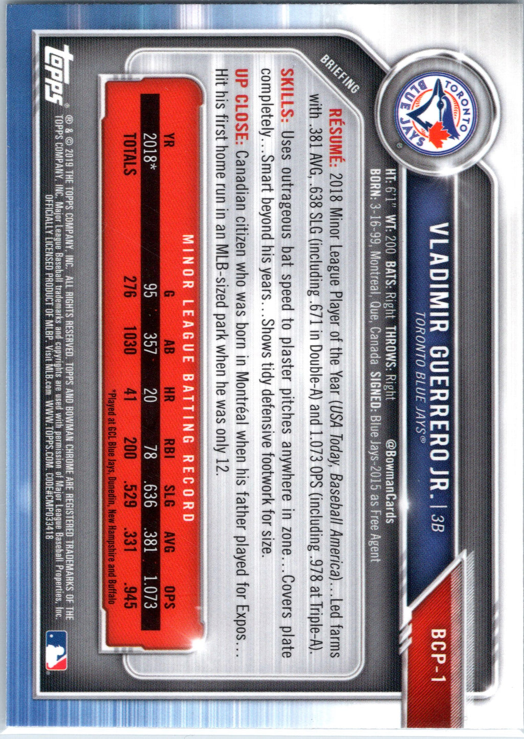 2019 Bowman #BCP-1a Vladimir Guerrero Jr. Chrome Prospects Mojo Refractors
