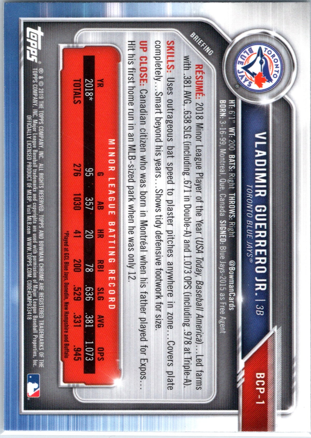 2019 Bowman #BCP-1a Vladimir Guerrero Jr. Chrome Prospects Mojo Refractors