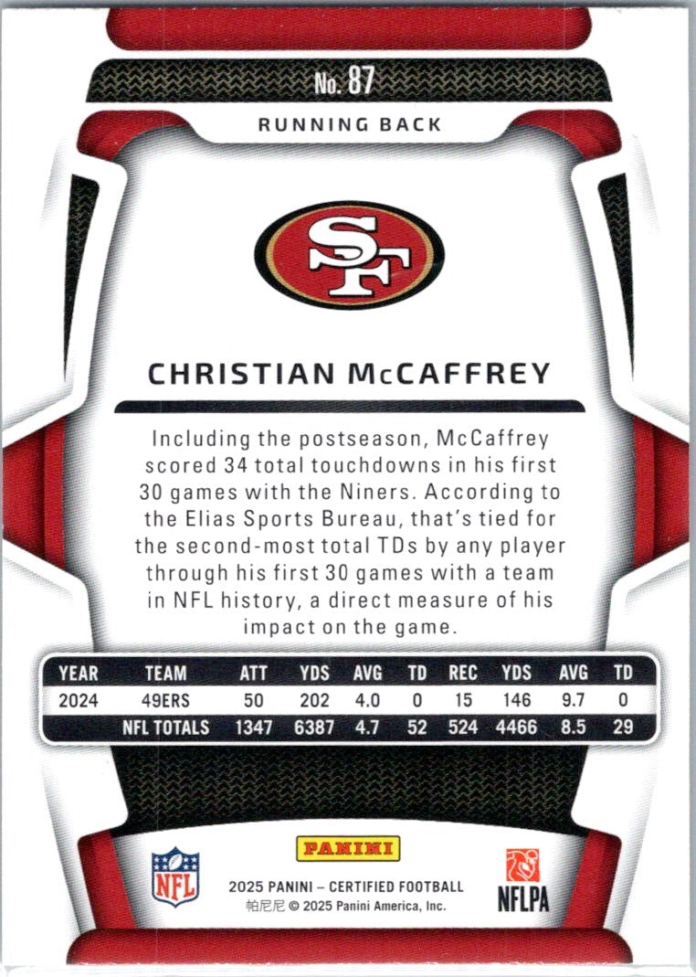 2025 Panini Certified #87 Christian McCaffrey